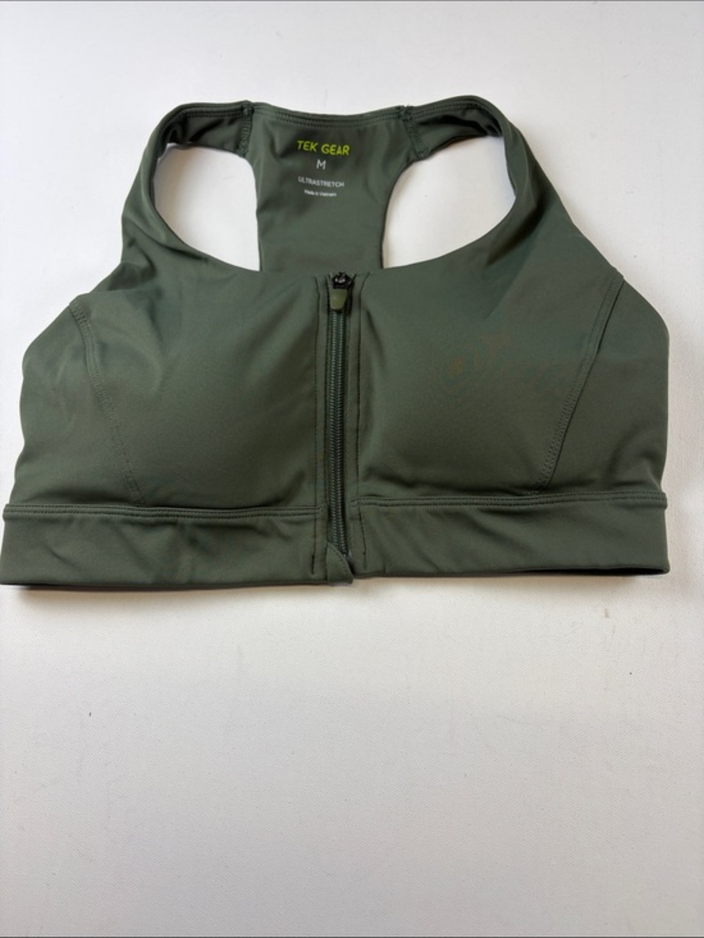 TEX GEAR ULTRASTRETCH OLIVE ZIP FRINT MEDIUM SPORTS BRA SIZE MEDIUM